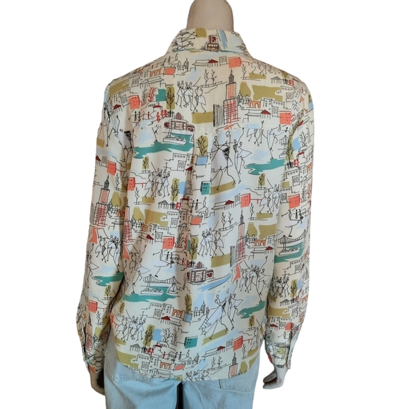 VINTAGE 90s Top Size Small Dancing Stick Figures and City Print Whimsical - Picture 8 of 9
